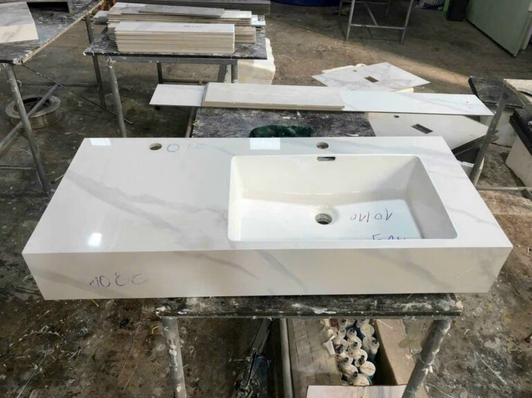 Chậu Lavabo Đúc Liền Khối Đá Thiêu Kết Chống Trầy Xước (Mẫu Trắng Vân Mây)