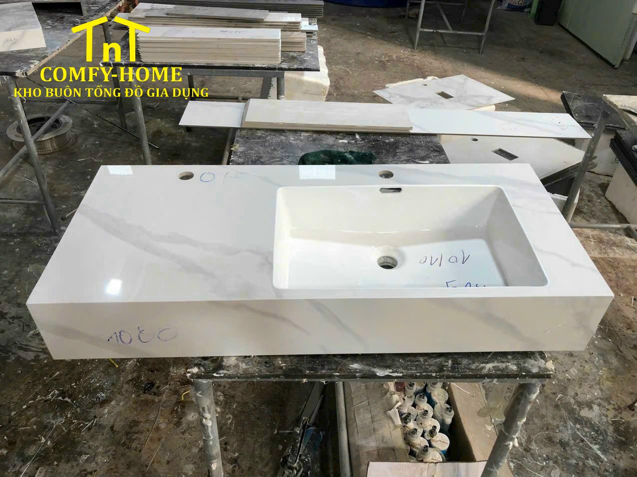 Chậu Lavabo Đúc Liền Khối Đá Thiêu Kết Chống Trầy Xước (Mẫu Trắng Vân Mây) - Image 4