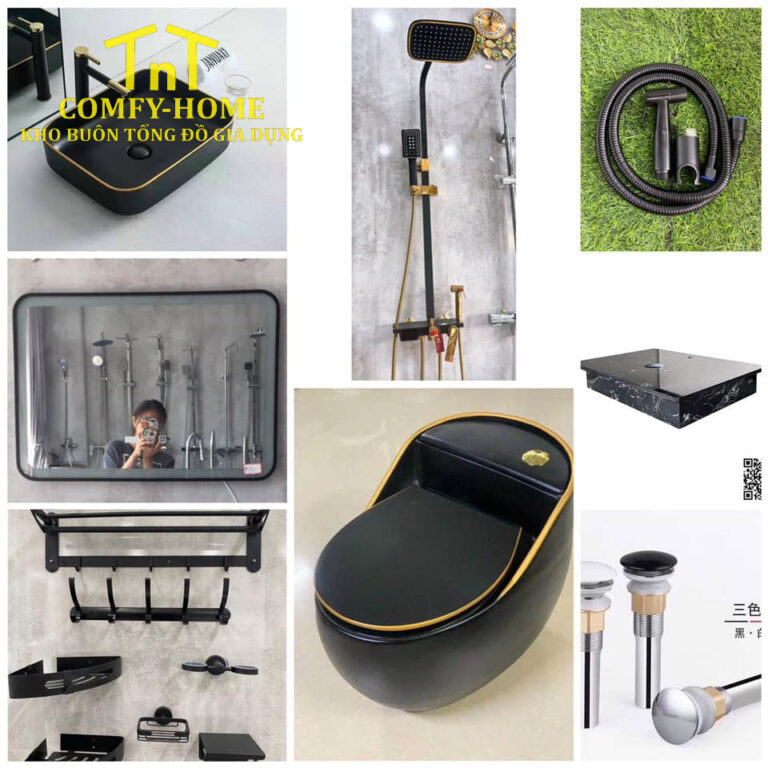 Combo Thiết Bị Vệ Sinh Luxury Black & Gold - Trọn Bộ 8 Món Cao Cấp.