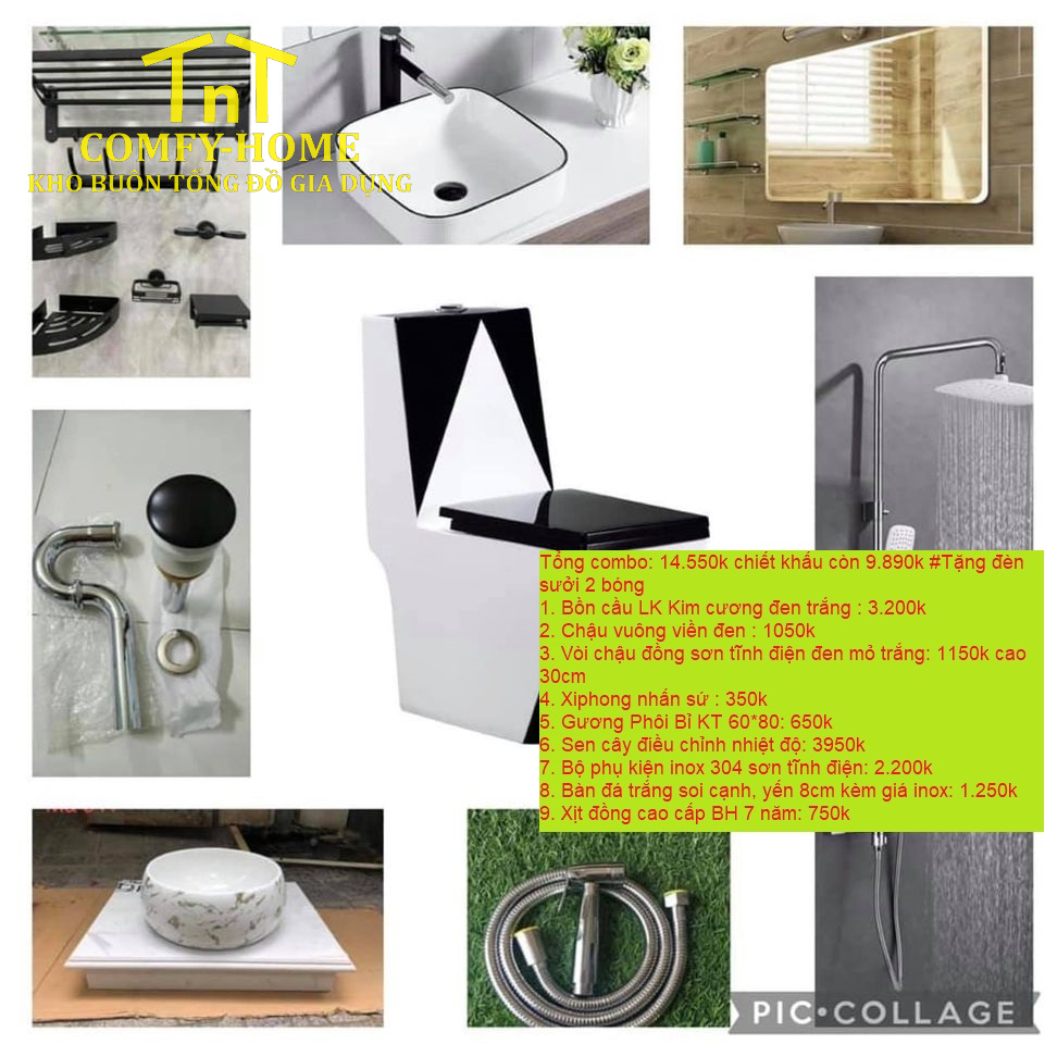 Combo Thiết Bị Vệ Sinh Hiện Đại Luxury - Diamond Black & White Edition (9 Món)