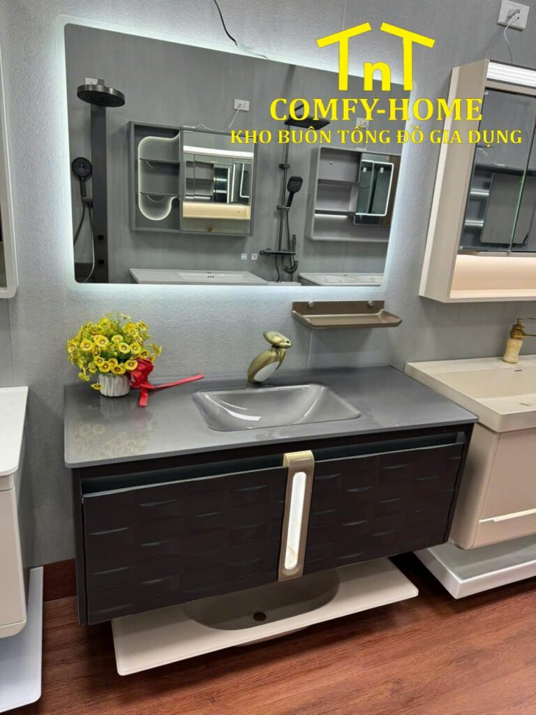 Bộ tủ chậu phòng tắm cao cấp mặt chậu thủy tinh xám 1m2