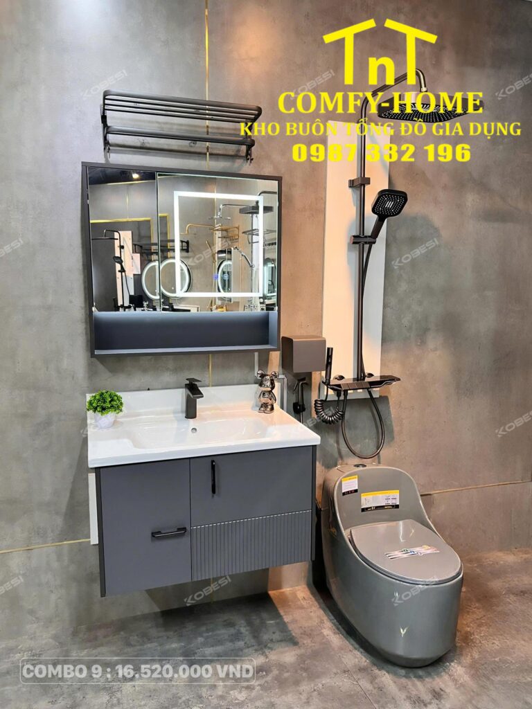 ✨ Combo 9: Trọn Bộ Thiết Bị Vệ Sinh KOBESI Xám Công Nghệ - Tiện Nghi Thời Thượng ✨