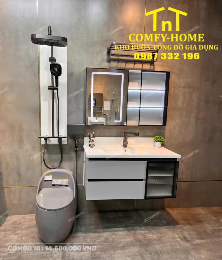 ✨ Combo Thiết Bị Vệ Sinh Cao Cấp TNT COMFY-HOME - Combo 10: Tủ Gương Đèn LED Thông Minh & Bồn Cầu Khối Xám Xi Măng Hiện Đại ✨