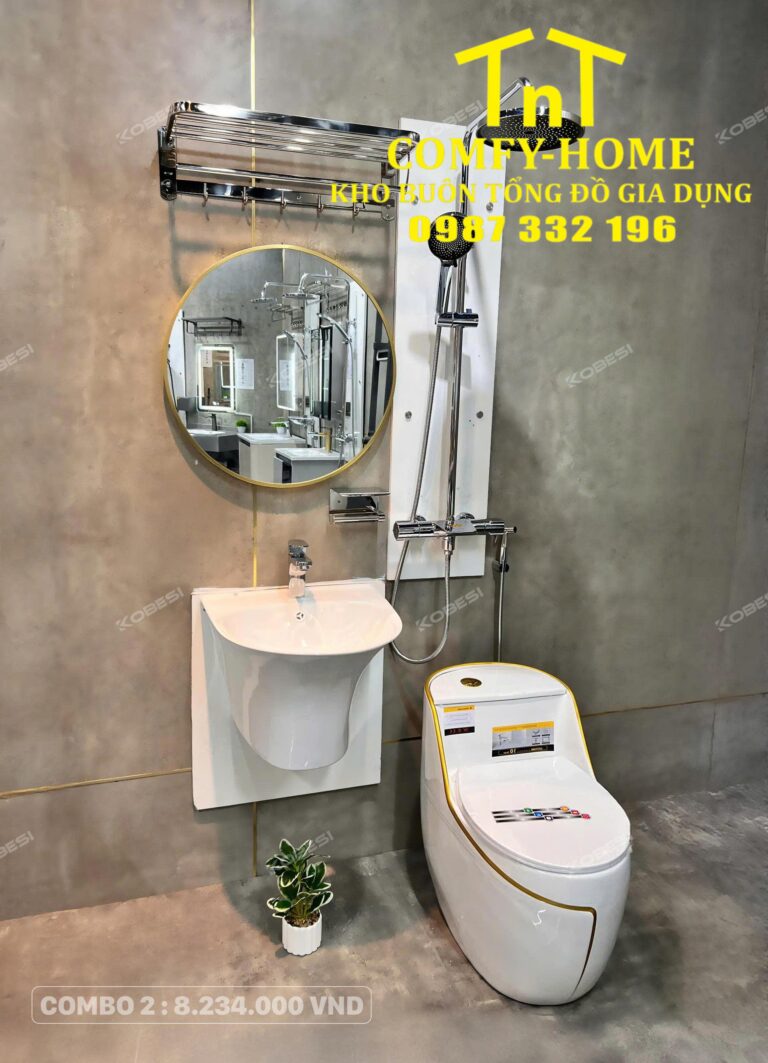 ✨ Combo Thiết Bị Vệ Sinh TNT COMFY-HOME - Combo 2: Sắc Trắng Hoàng Gia, Viền Vàng Tinh Tế & Tối Ưu Không Gian ✨