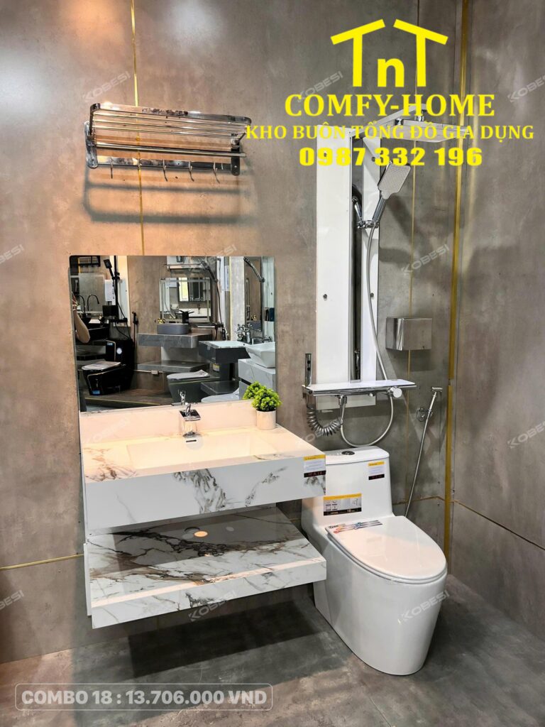✨ Combo Thiết Bị Vệ Sinh TNT COMFY-HOME - Combo 18: Bàn Đá Trắng Vân Mây Phá Cách & Thiết Kế Đồng Bộ Hiện Đại ✨