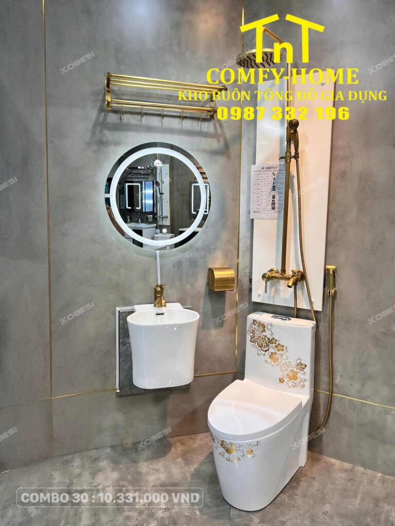 ✨ Combo Thiết Bị Vệ Sinh TNT COMFY-HOME - Combo 30: Bồn Cầu Khối Hoa Văn Thuỷ Mặc & Sen Cây Đồng Cổ Hoàng Gia ✨