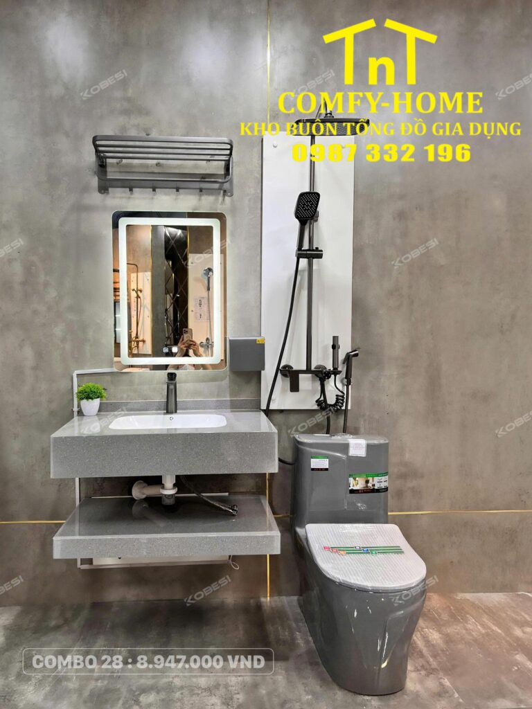 Combo 28 Trọn Bộ Thiết Bị Vệ Sinh Phòng Tắm Xám Ghi Hiện Đại Cobesi