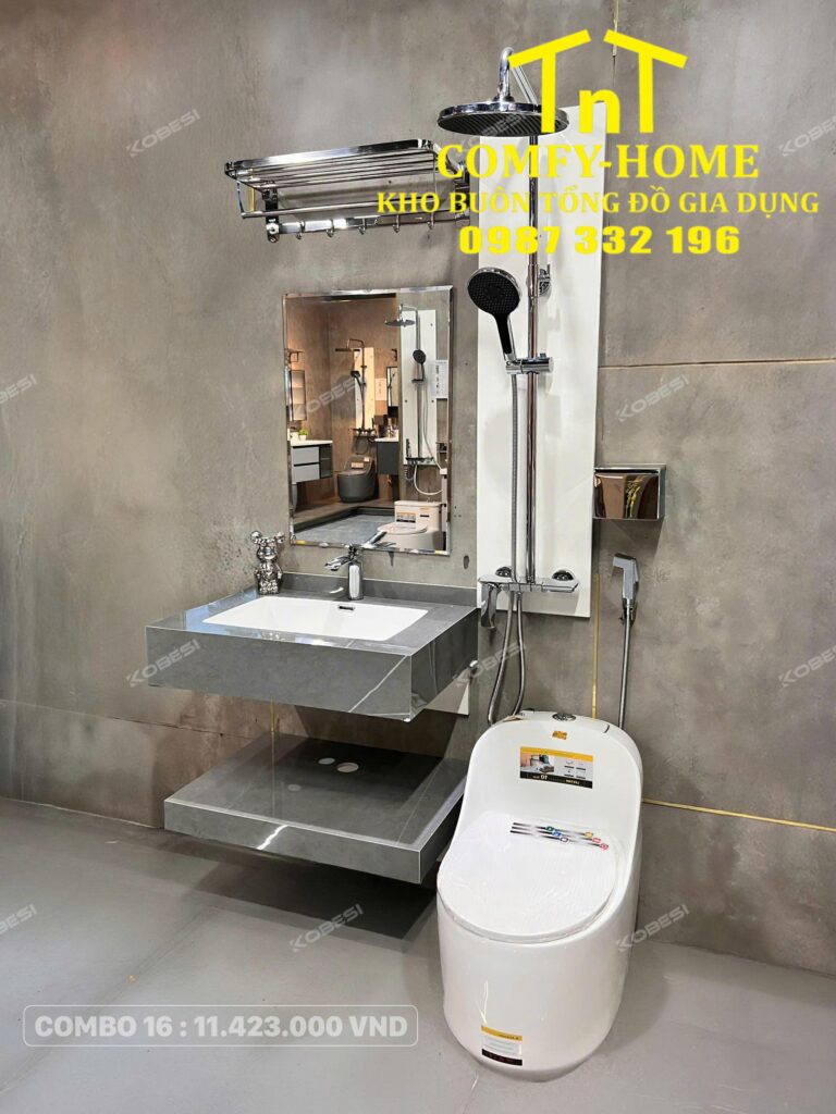 Combo 16 Trọn Bộ Thiết Bị Vệ Sinh Bàn Đá Xám Bóng Cao Cấp Cobesi