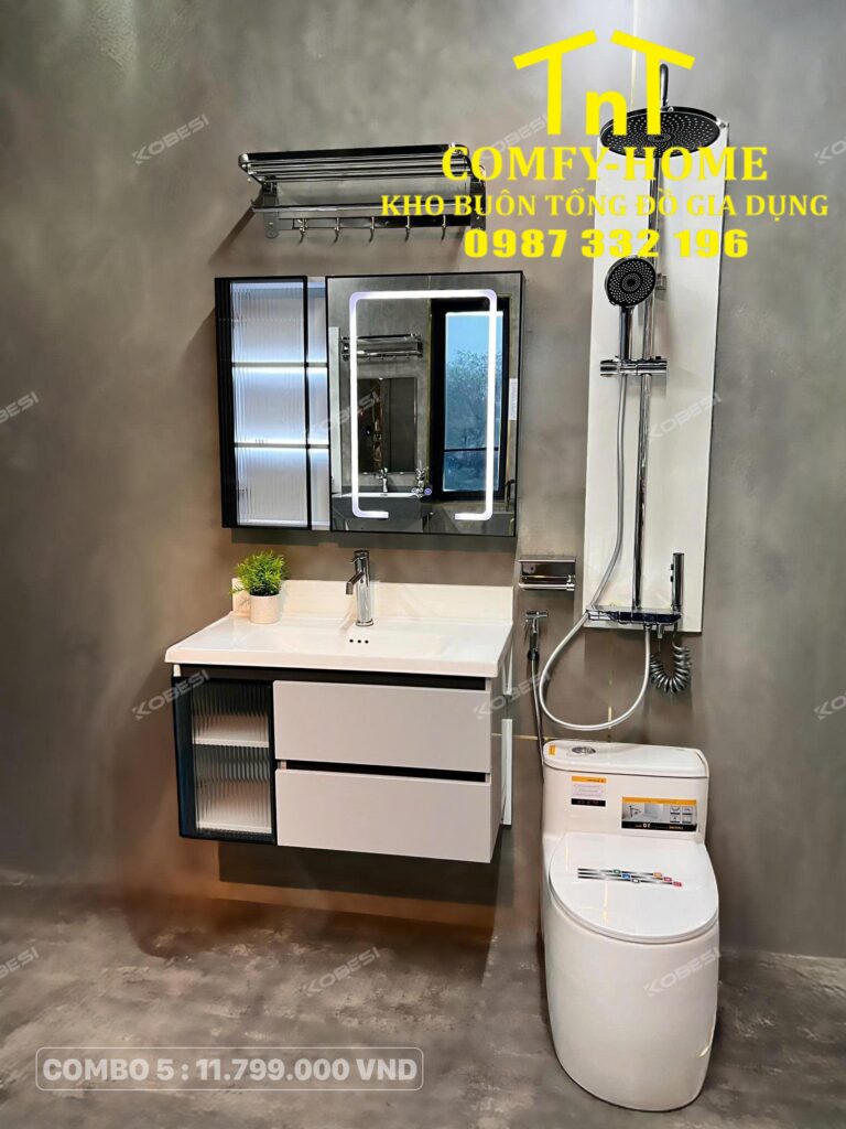 Combo 5 Trọn Bộ Thiết Bị Vệ Sinh Tủ Chậu Cánh Kính Đèn LED Cobesi