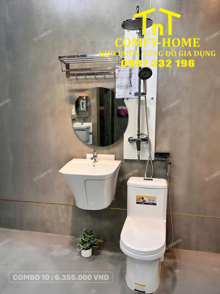 🔥 Combo 10 Bộ Thiết Bị Vệ Sinh Lavabo Viền Vàng Cobesi