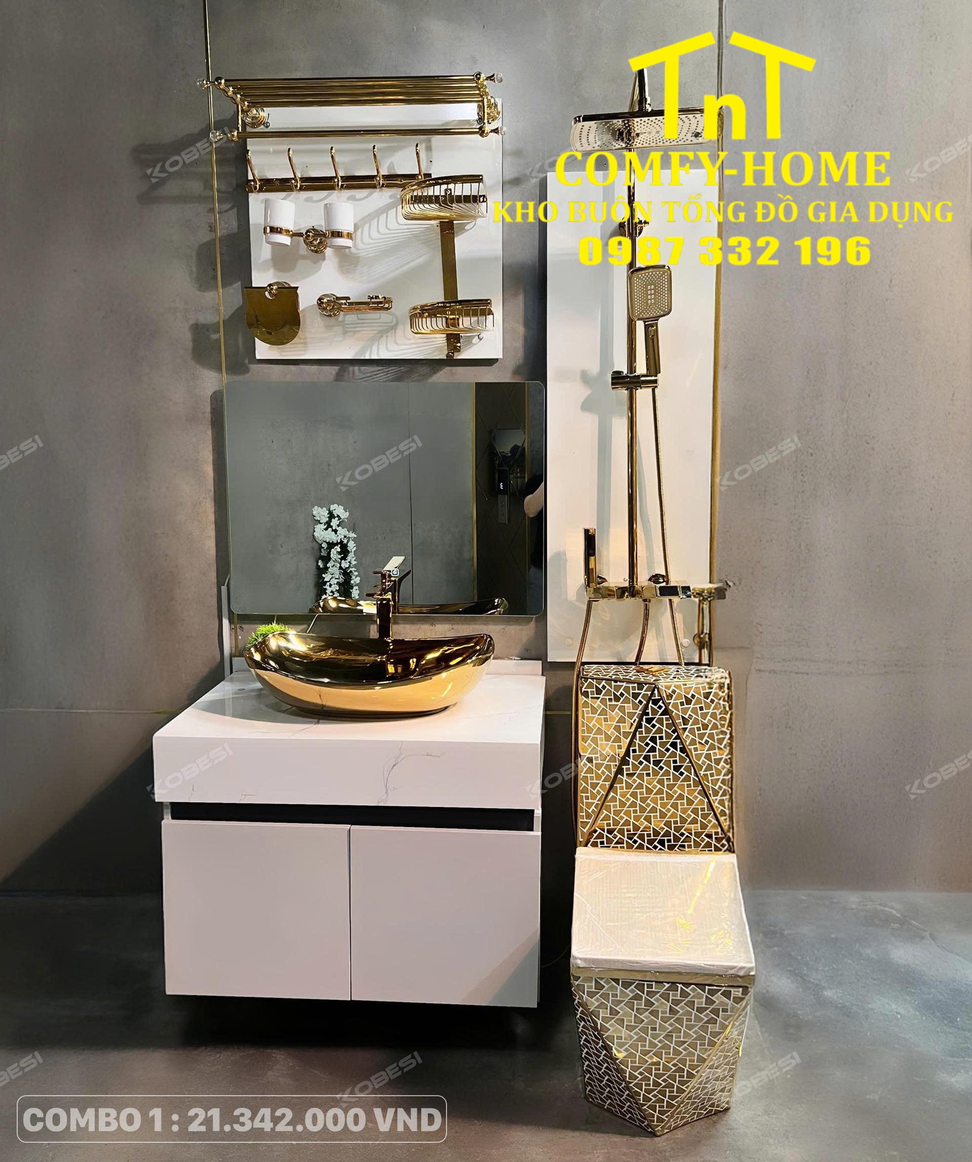 🔥 Combo 1 Bộ Thiết Bị Vệ Sinh Hoàng Gia Khảm Đá Mạ Vàng Cobesi