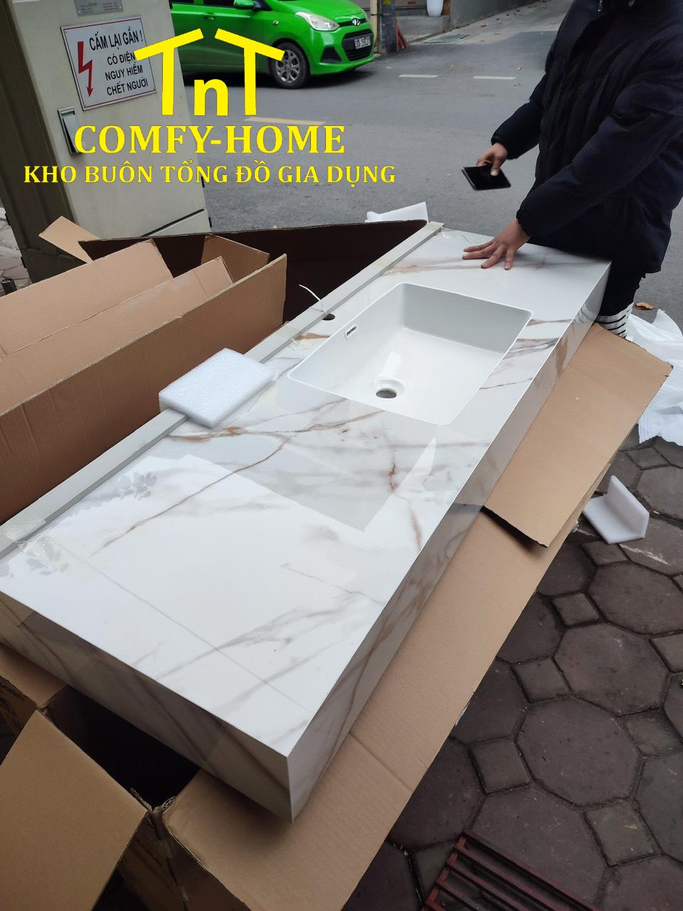 Chậu Lavabo Đúc Liền Khối Đá Thiêu Kết Chống Trầy Xước (Mẫu Trắng Vân Mây) - Image 3