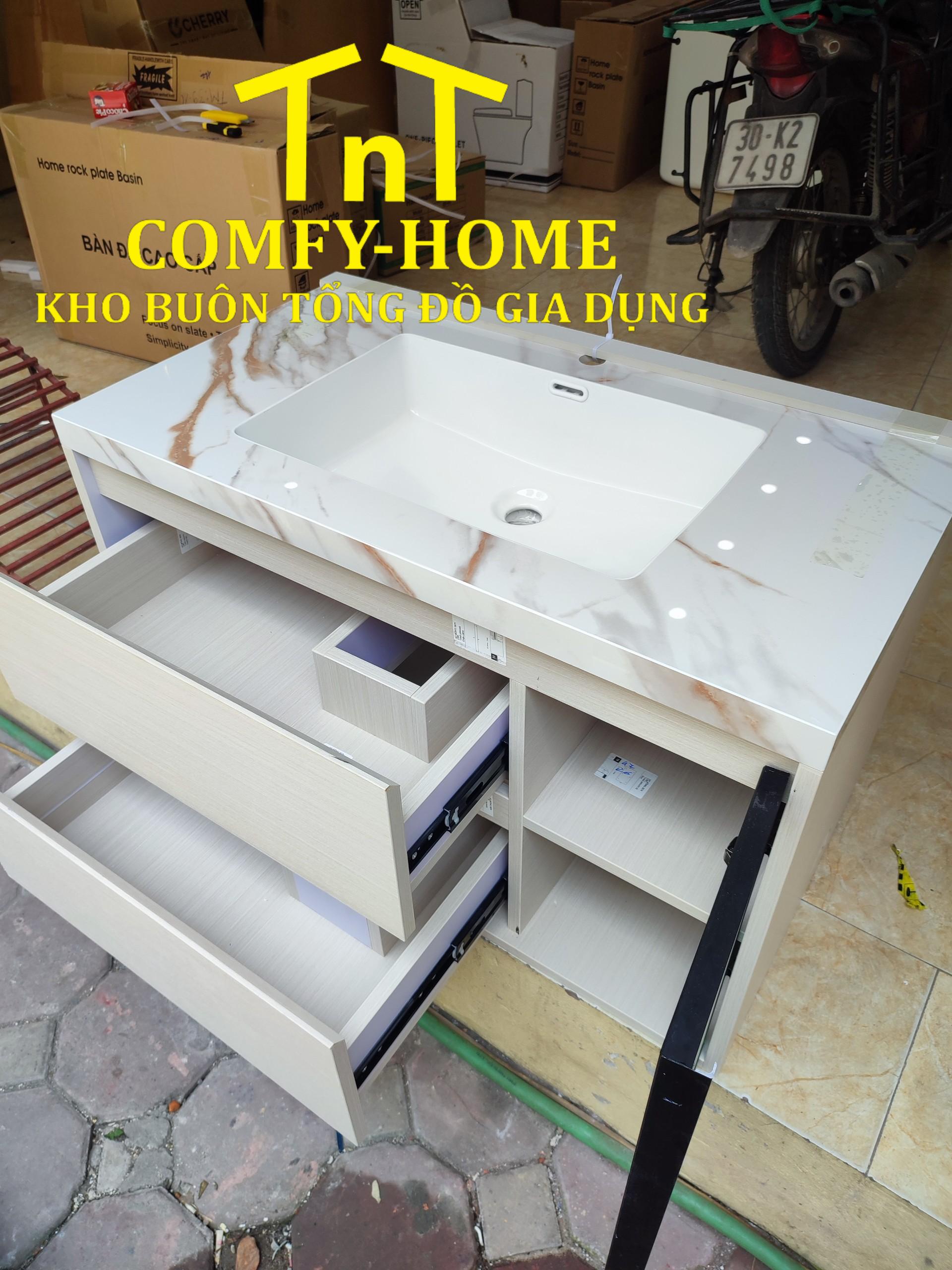 Bộ Tủ Chậu Lavabo Bàn Đá Đúc Liền Khối Cao Cấp – Thiết Kế Ngăn Kéo Thông Minh & Cánh Kính Sọc Hiện Đại - Image 2