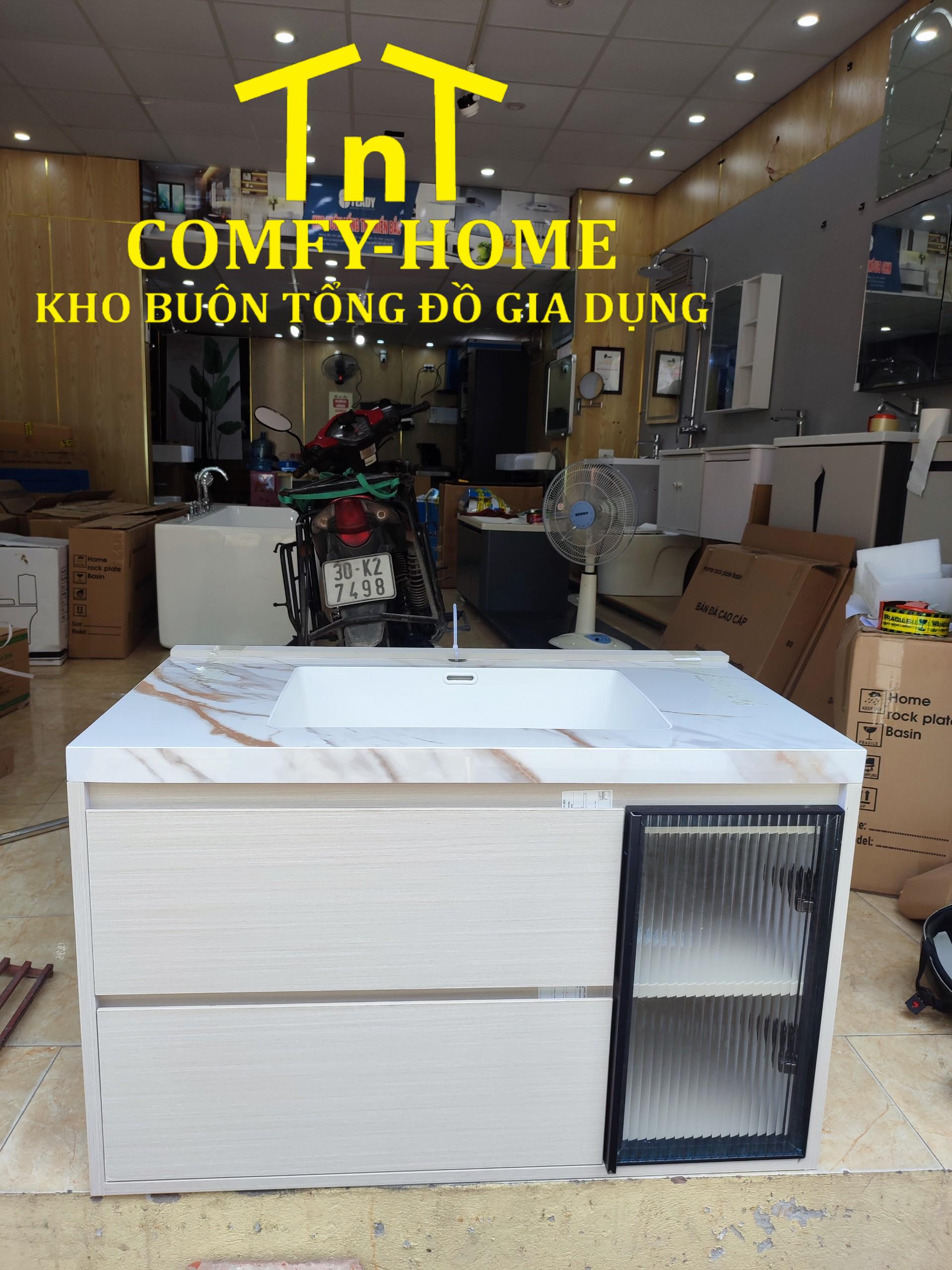 Bộ Tủ Chậu Lavabo Bàn Đá Đúc Liền Khối Cao Cấp – Thiết Kế Ngăn Kéo Thông Minh & Cánh Kính Sọc Hiện Đại