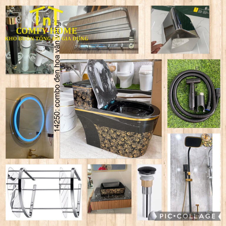 Combo Thiết Bị Vệ Sinh Luxury Black Gold - Trọn Bộ 10 Món Hoa Văn Cổ Điển