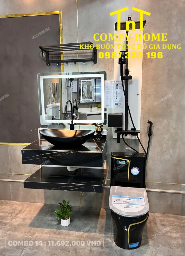 ✨ Combo Thiết Bị Vệ Sinh Cao Cấp TNT COMFY-HOME - Combo 14: Bàn Đá Đen Vân Vàng Hoàng Gia & Bồn Cầu Khối Viền Kim Đẳng Cấp ✨
