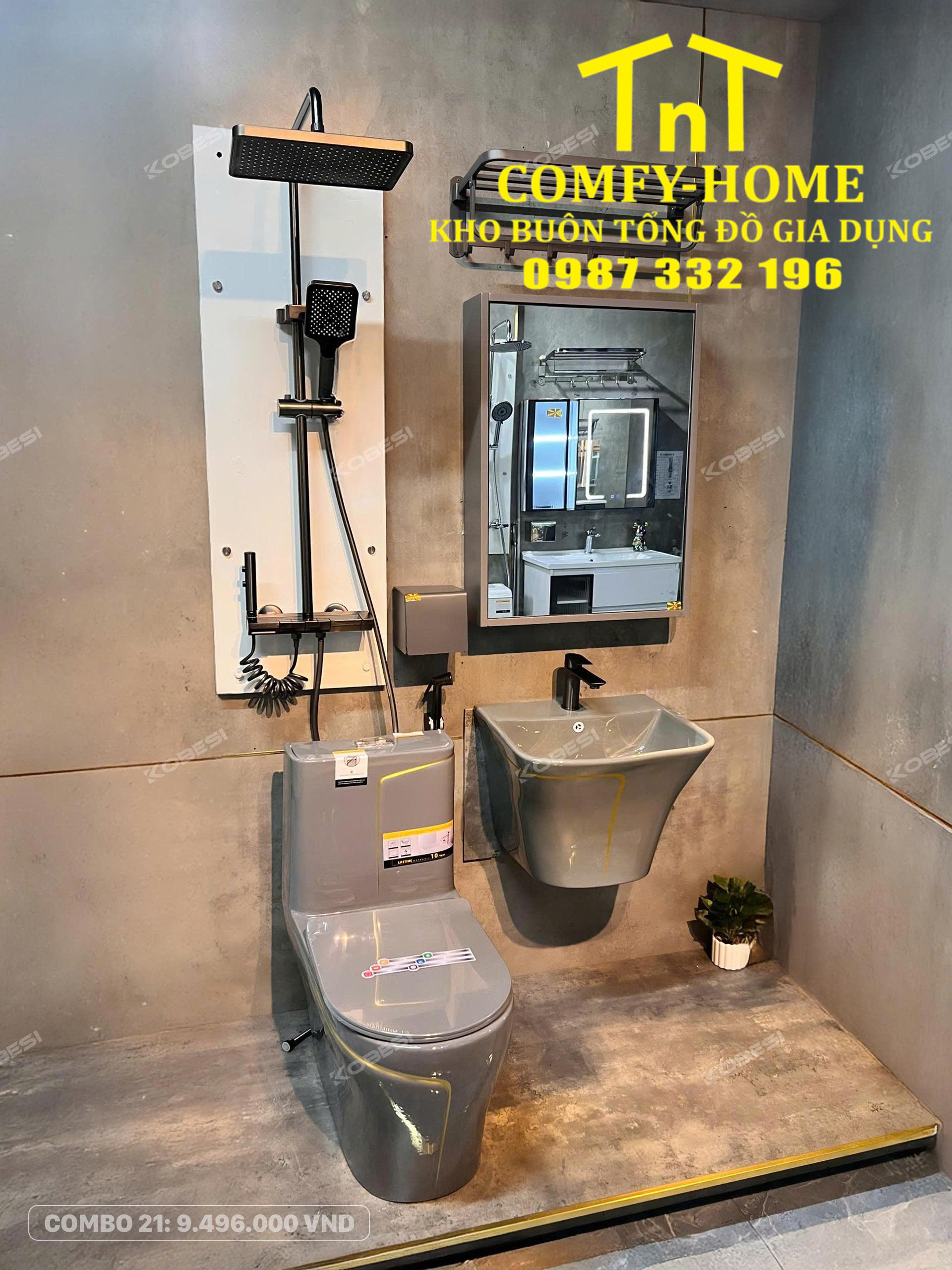 ✨ Combo Thiết Bị Vệ Sinh TNT COMFY-HOME - Combo 21: Xám Ghi Thời Thượng, Viền Vàng Đẳng Cấp ✨