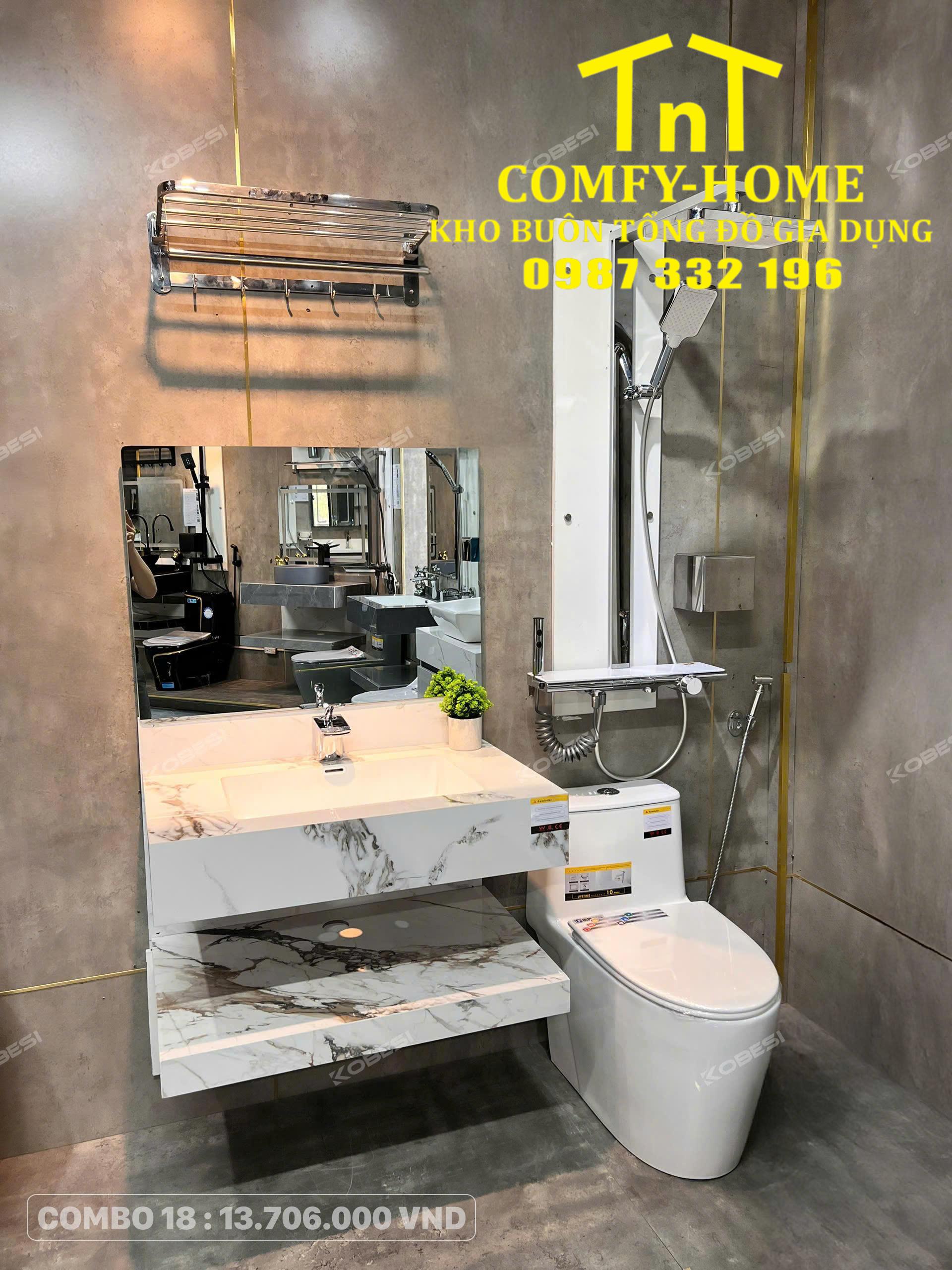 ✨ Combo Thiết Bị Vệ Sinh TNT COMFY-HOME - Combo 18: Bàn Đá Trắng Vân Mây Phá Cách & Thiết Kế Đồng Bộ Hiện Đại ✨