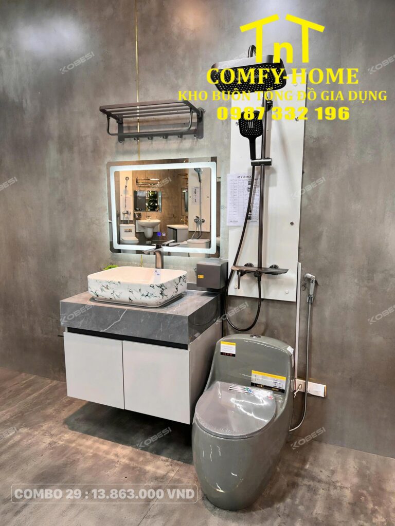 Combo 29 Trọn Bộ Thiết Bị Vệ Sinh Lavabo Đặt Nổi Vân Đá Cobesi
