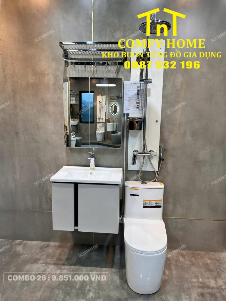 🔥 Combo 26 Bộ Thiết Bị Vệ Sinh Tủ Chậu Ghi Sáng Cobesi