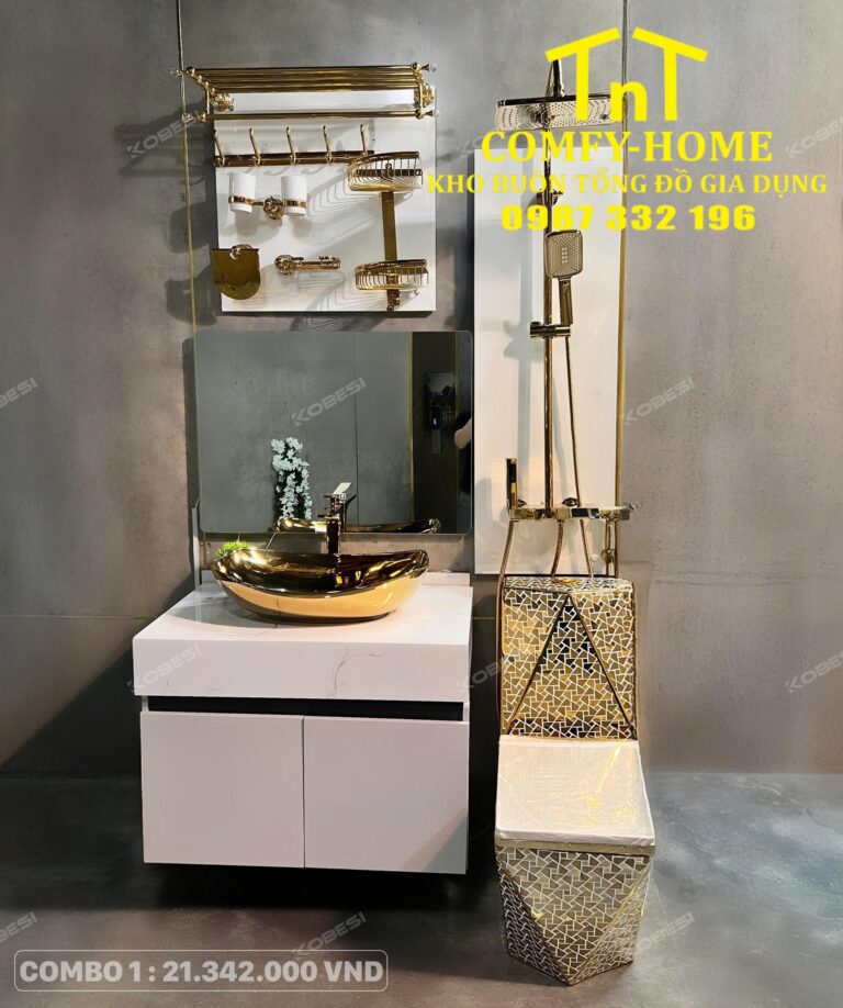 🔥 Combo 1 Bộ Thiết Bị Vệ Sinh Hoàng Gia Khảm Đá Mạ Vàng Cobesi